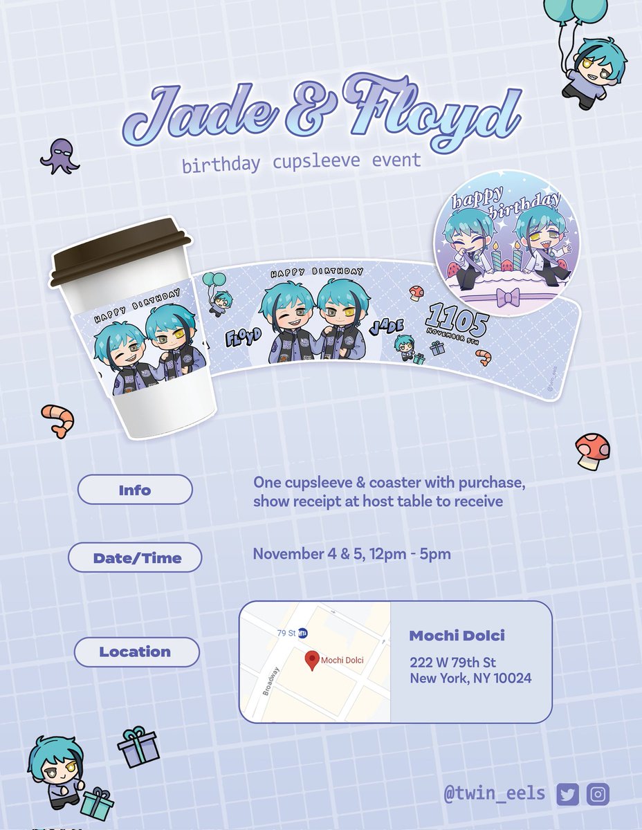 twin_eels's tweet photo. [rts appreciated] 

🐬 Jade &amp; Floyd 🦈
TWST Cupsleeve Event 
🗓️ Nov 4 &amp; 5, 12-5pm
📍 Mochi Dolci 
222 W 79th St, NYC 

cupsleeve + coaster with purchase from cafe (show receipt at host table) 

activities/games TBA
follow for updates ✨ https://t.co/mHynuSMb3C