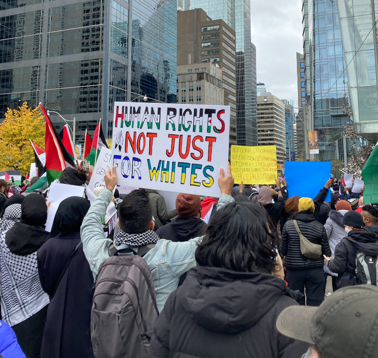 CanadianKobzar's tweet photo. Long rant: 

When Ukraine was invaded in February 2022, I will never forget how I felt.  Scared.  Angry.  Upset.  Helpless.  But also thankful I was in Canada where I had the full support of my fellow Canadians.  We are blessed to live in a multicultural society that values freedom, human rights and dignity. 

When we held demonstrations for Ukraine, we always did it in approved public spaces.  We were respectful.  Never intimidated, harassed or attacked anyone.  Notwithstanding the Russian community in Canada - we never EVER went to Russian neighbourhoods to cause conflict. Our message was about FREEDOM, liberation and survival.  

Tonight I took my wife to see a comedy show downtown. For once we wanted to take a break from the war and pretend our lives were normal again.  Unfortunately, there were different plans. 

As we walked to the club, a Jewish man (he wore a kippah) walked past us.  In his eyes he had the fear I had back in February 2022.  But worse.  He had something more terrifying - his face is still burned in my mind even as I write this.  No Canadian should ever feel like this in our own country.

On the next street over on one of the busiest intersections in Toronto there was a massive Palestinian protest.  

I saw  hatred directed towards Jews calling for the destruction of Israel.  I saw people jumping on cars and streetlights like thugs.  Pro-Communist flags everywhere.   One of the major highway on-ramp was blocked by aggressive Palestinian protesters.

Protestors were chanting outside a Jewish restaurant waiving Palestinian flags at patrons.... What does a Jewish business IN CANADA have to do with Israel?  https://t.co/jxLuGn2lRt

In the ten years of suffering the russian genocide of Ukrainians, the Ukrainian community has never done any shit like this - there is absolutely excuse for this adolescent behaviour: https://t.co/Mafb3gN3mh

I saw anti-Ukrainian signs (below) - of course! Because we are white we aren't allowed to receive aid.  How dare you drag my people's suffering into your bull shit?

This is not a demonstration supporting freedom.  This is hatred.  https://t.co/NGQiqpr7lE

All of my remaining sympathy for Palestinians and their cause is now gone.  Spewing hatred, disrespecting my city, slandering Ukrainians and terrifying our fellow Jewish Canadians is NOT how you fight oppression.  This is NOT how you fight for freedom. 

Previously I said I would not get involved with this war... but this is different - my position has changed.   

To that man who I saw on the street.  I will not stand by silently while you walk our own streets in fear.  Never again. I will not stay quiet anymore.  

When Ukraine was invaded, the Jewish community stood and continues to stand with Ukraine.  I will never forget this.  Now its my turn to stand with you - your fight is now my fight.   

To my NAFO fellas, if you disagree with what I said - I'm not going to waste my time arguing with you unfollow me and jog on.   To those that urged me to stay to fight evil after Ukraine wins the war, I'm fucking staying.  I wont stand by while innocent people in my city are made to feel fear.