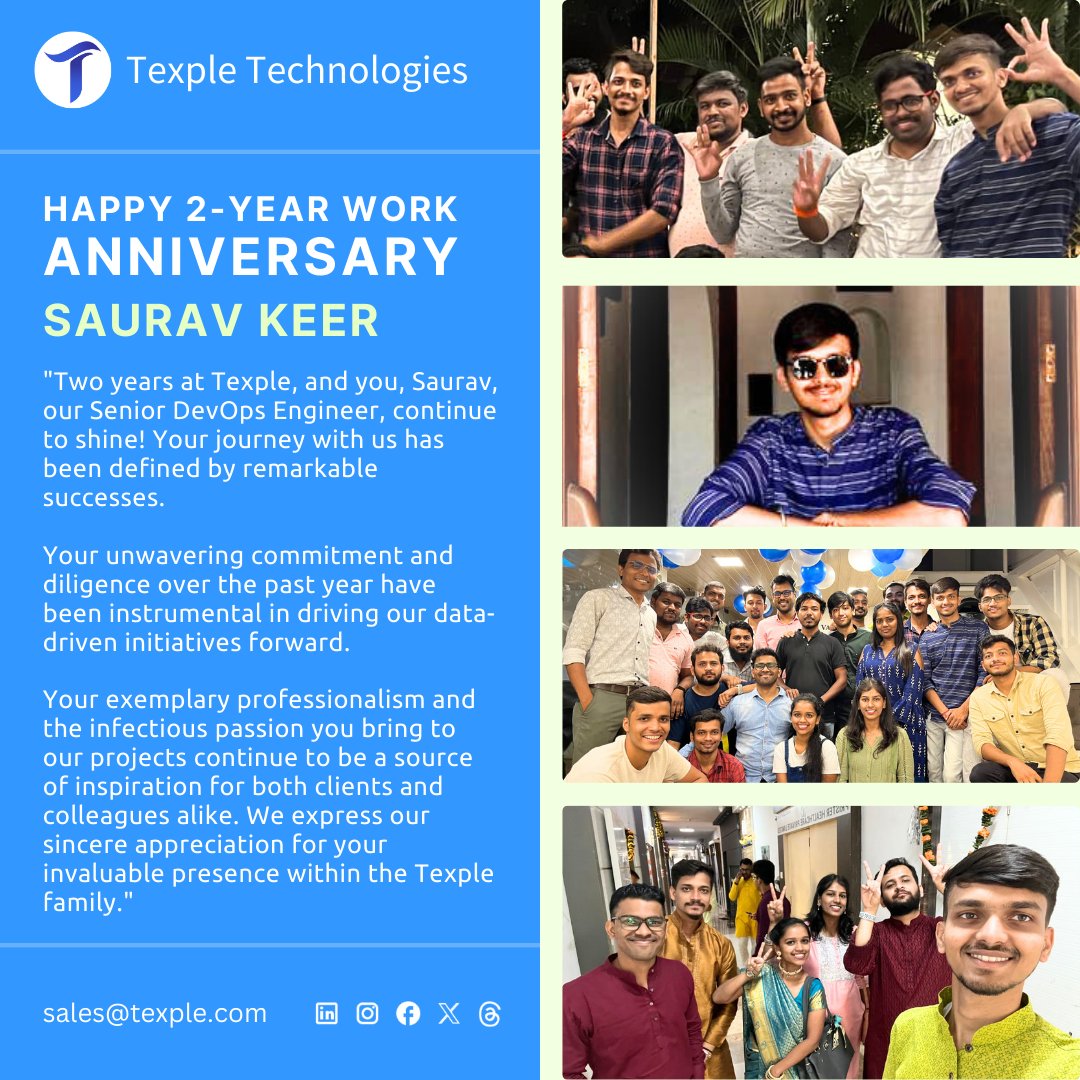 TheTexple's tweet photo. 🎉✨ Celebrating 2 Years of Outstanding Work by Saurav! 🚀👨‍💻
Saurav, your commitment and passion for driving innovation and ensuring reliability are truly commendable. 🙌 Let's continue to script our success story together! 🚀📈
#DevOpsExpert #TechInnovation #TexpleTech #DevOps https://t.co/lMV7eeH9AS