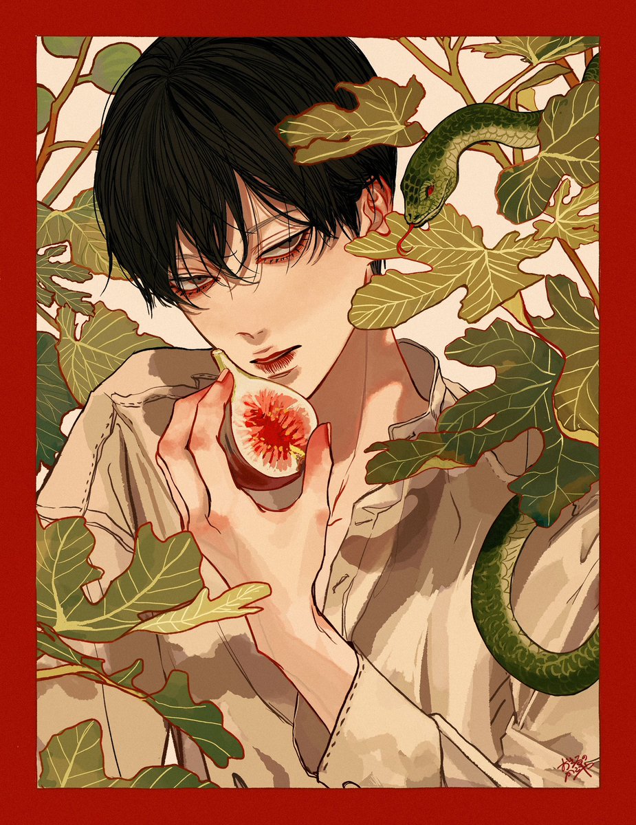 snake male focus 1boy black hair holding fruit white snake red border  illustration images
