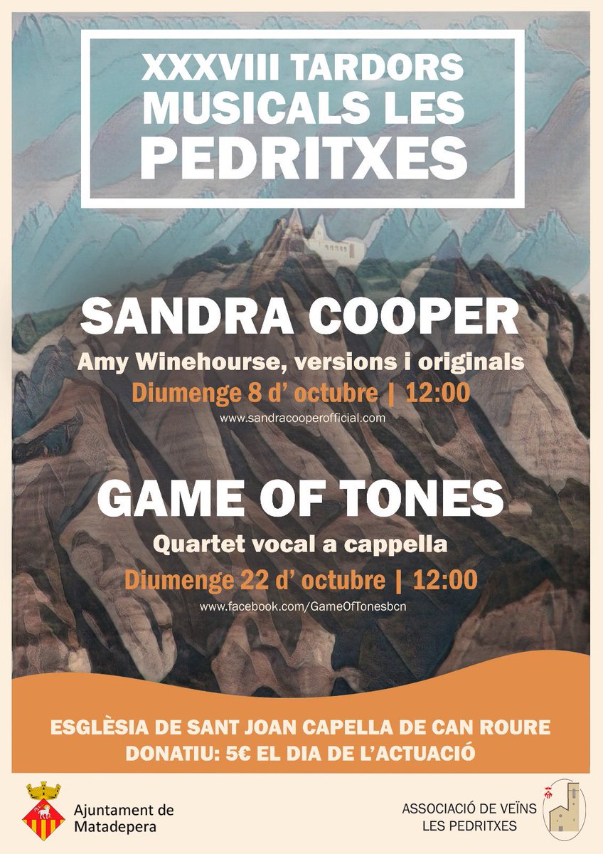 PedritxesA's tweet photo. Bon dia! Avui tenim el segon concert de les Tardors Musicals a les Pedritxes, amb la participació de la banda Game of Tones! https://t.co/ePyH56DGpz