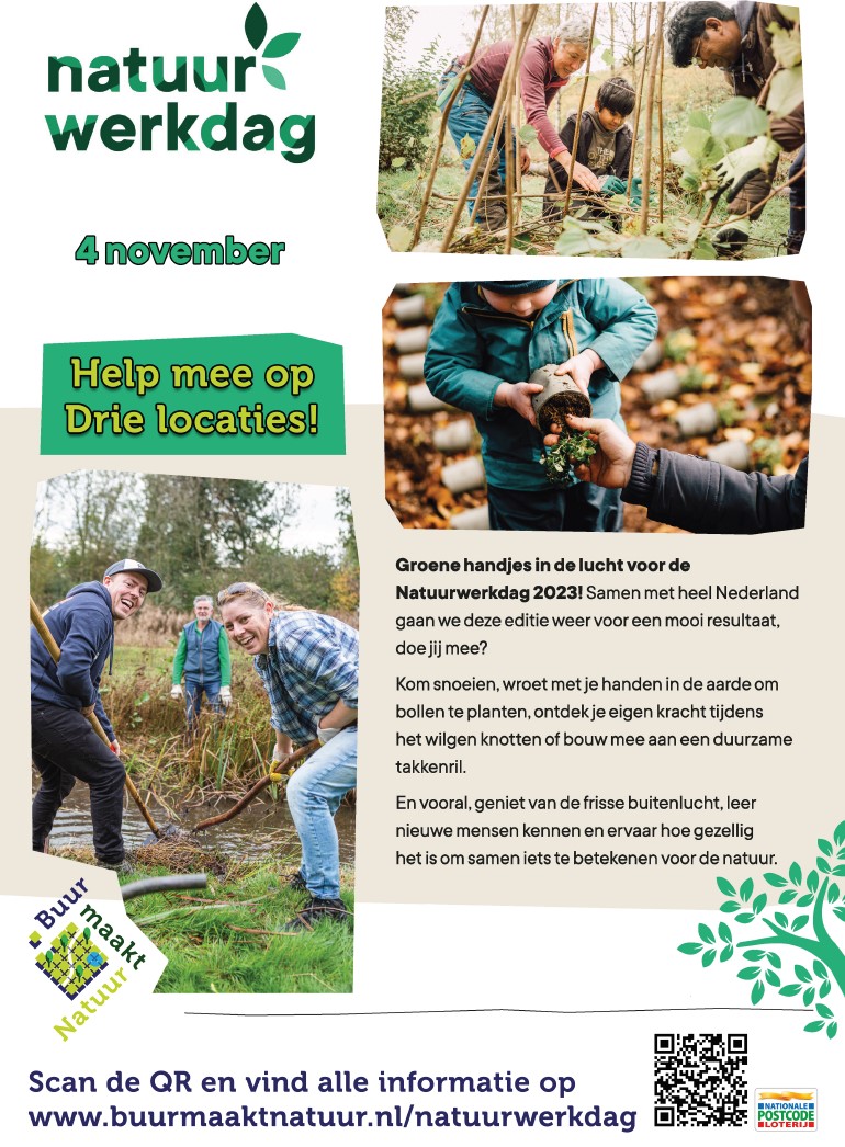 Buur maakt Natuur werkt regelmatig in het landschap, dit doen wij op onze drie natuurterreinen. Op zaterdag 4 november tijdens de Natuurwerkdag zetten wij onze ‘deuren’ open en kan ook jij meedoen. 

buurmaaktnatuur.nl/natuurwerkdag