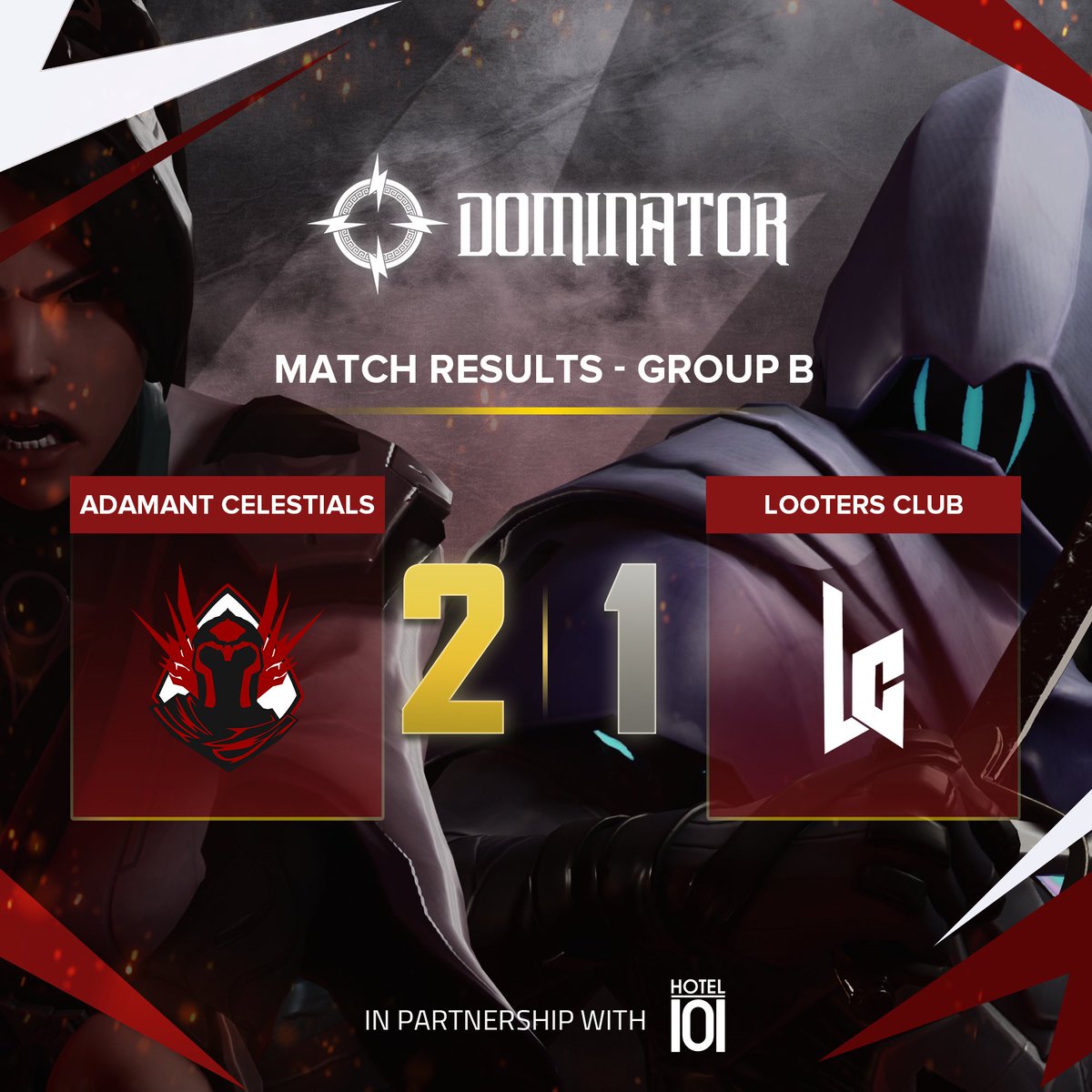 The celestials triumph over the looters in the arena and take the series win!

Adamant Celestials dominate Looters Club with a 2-1 score. The celestials will move on the Quarterfinals.

#NAOStheTime #DominateTheCompetition #Hotel101