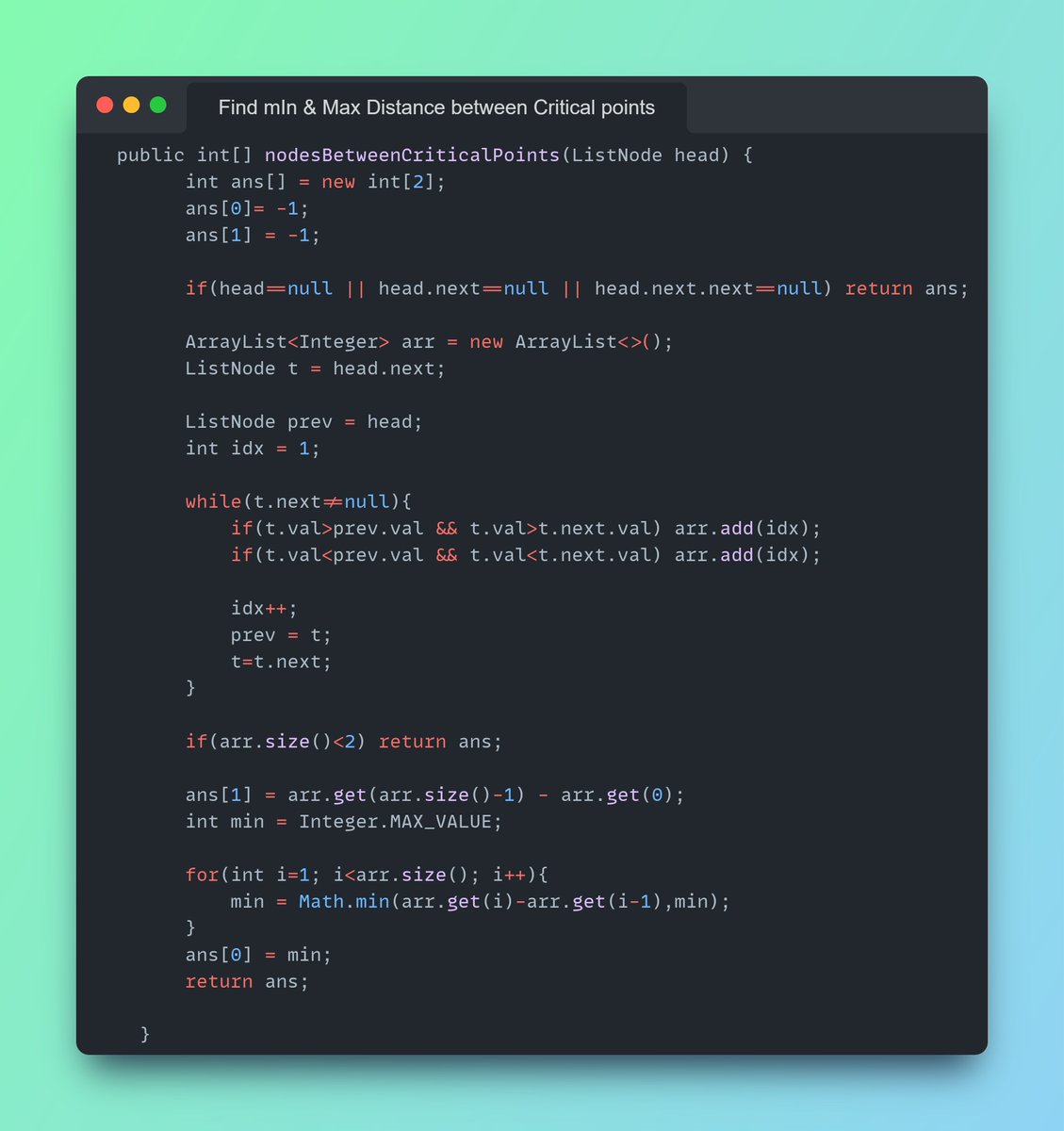Imbhavaniprasad's tweet image. DSA #dailycodechallenge
#115 Find the Minimum and Maximum Number of Nodes Between Critical Points
Tip : Push all critical points , find min &amp; max distance &amp; return;
#DSAWithKunal #100DaysOfCode #linkedlist #leetcode