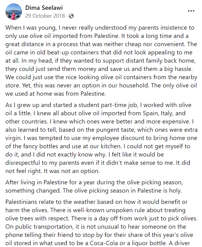 keitodos's tweet photo. i had no idea about the significance of olive oil from Palestine......i am left with so many emotions after reading this https://t.co/U3oYkZ80Ei