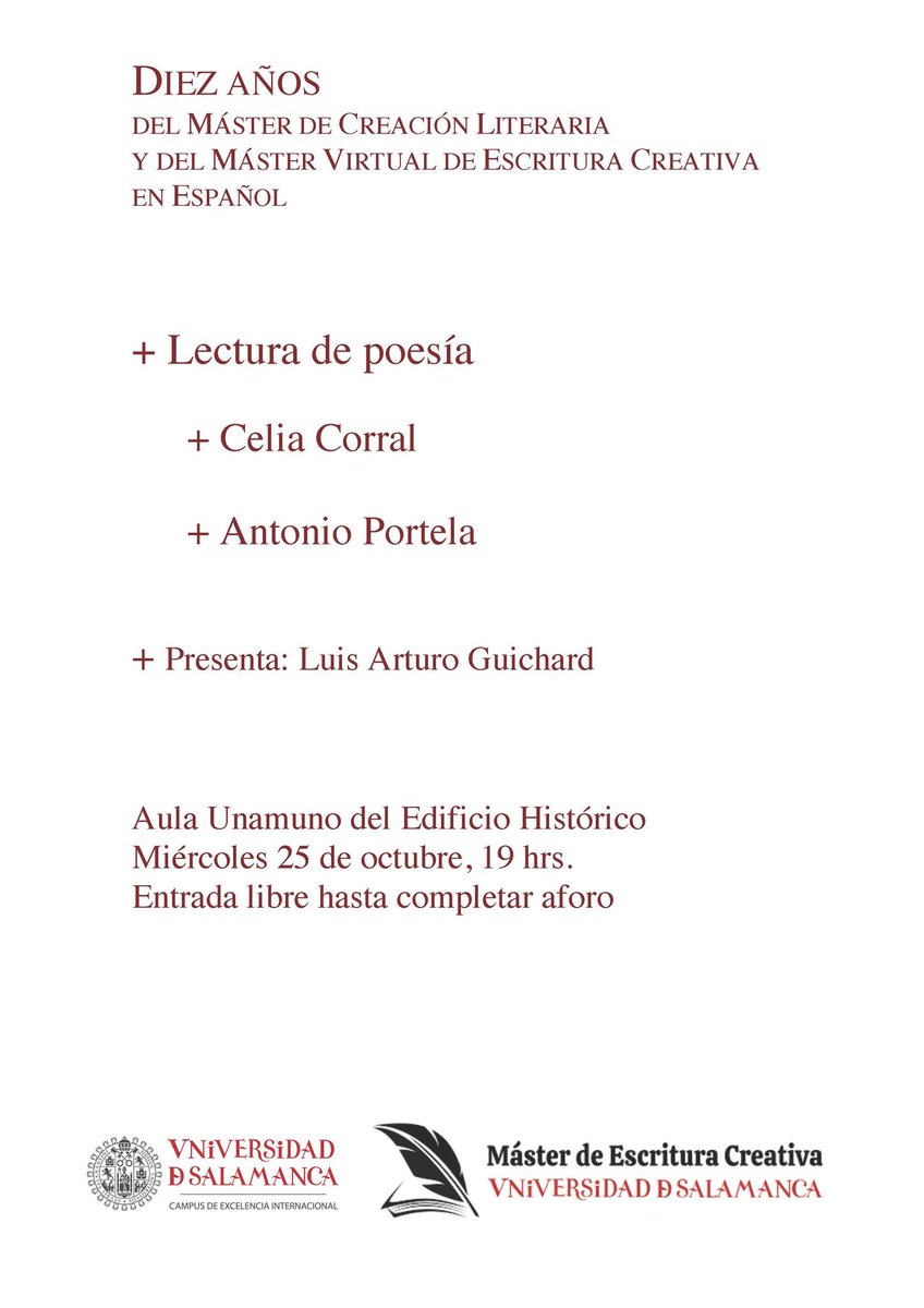 El miércoles 25 de octubre tendré la suerte de compartir lectura poética con el poeta Antonio Portela en el Aula Unamuno del Edificio Histórico de la Universidad de Salamanca (con la presentación de Luis Arturo Guichard). ¡Os esperamos!