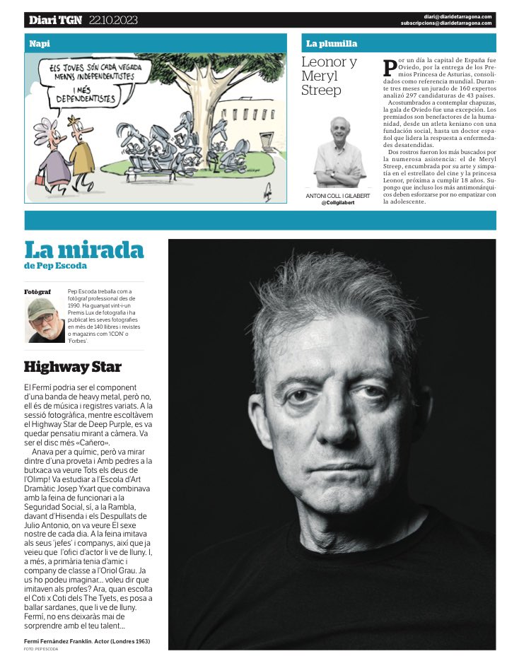Contraportada d’avui diumenge al <a href="/diaridtarragona/">Diari de Tarragona</a> l’Estimat Fermí Fernández <a href="/Fermi_Fdes/">Fermí Fernández</a> un plaer retratar-lo.

Ara ja forma part de la meva gran família ❤️ gràcies!

#photograghy ©️PepEscoda