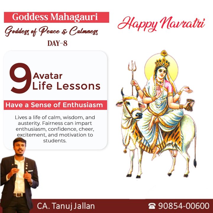 JallanTanuj's tweet photo. *Day 8*
Maa Mahagauri is the eighth form among the Navadurga aspects of the Hindu mother goddess Mahadevi. She is worshipped on the eighth day of Navaratri. 'Gauri' also signifies that she is the daughter of Giri (mountain). 

#ShubhNavratri #DurgaPuja2023 https://t.co/Zhn9eA5MgU