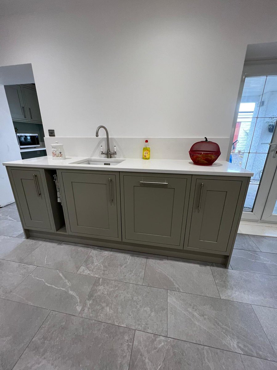Full <a href="/Wickes/">WICKES</a> installation framed oak style kitchen with quartz worktops. Integrated appliances, unit lighting, walk in pantry unit and floor tiling. Customers own electrician and builder did a great job getting everything ready for us on time.