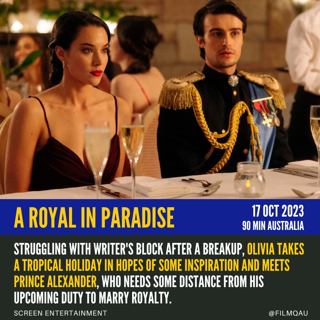 Struggling with writer's block after a breakup, Olivia takes a tropical holiday in hopes of some inspiration and meets Prince Alexander, who needs some distance from his upcoming duty to marry royalty.

#filmQ #ARoyalInParadise #ScreenEntertainment @Screeninc_tweet