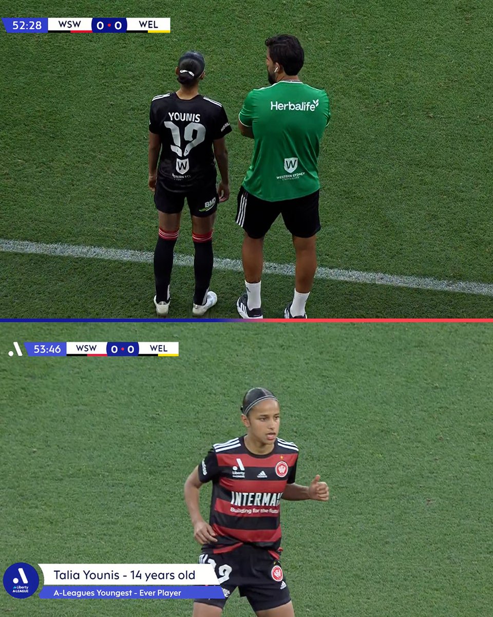 aleaguewomen's tweet photo. 14 years, 11 months and 26 days: Western Sydney’s Talia Younis just became the 𝐲𝐨𝐮𝐧𝐠𝐞𝐬𝐭 𝐩𝐥𝐚𝐲𝐞𝐫 𝐢𝐧 𝐀-𝐋𝐞𝐚𝐠𝐮𝐞𝐬 𝐡𝐢𝐬𝐭𝐨𝐫𝐲 🤯 She’s beaten Sam Kerr’s record by 49 days!

The Wanderers youngster is the first player born after the Liberty A-League started to feature in the competition - incredible! 👏

Tune in on 10 Play 📺

#ALW #WSWvWEL