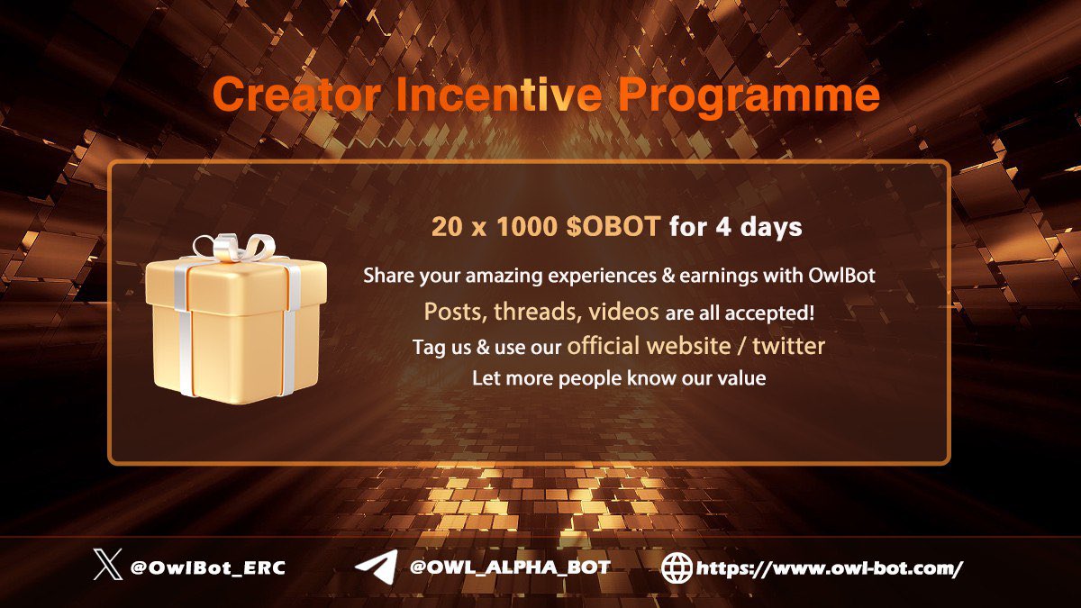 OwlBot_ERC's tweet photo. 🚀 Exciting Creator Incentive Alert! 🚀 

💰Share your amazing experiences &amp; earnings with #OwlBot to win 1000 $OBOT! 🎉 

🤗We accept posts, threads, videos &amp; more. 

🤖️Tag us &amp; use our official website / twitter. 

✔️Best 5 entries will be rewarded for the next 4 days! https://t.co/WoixDtF0Id