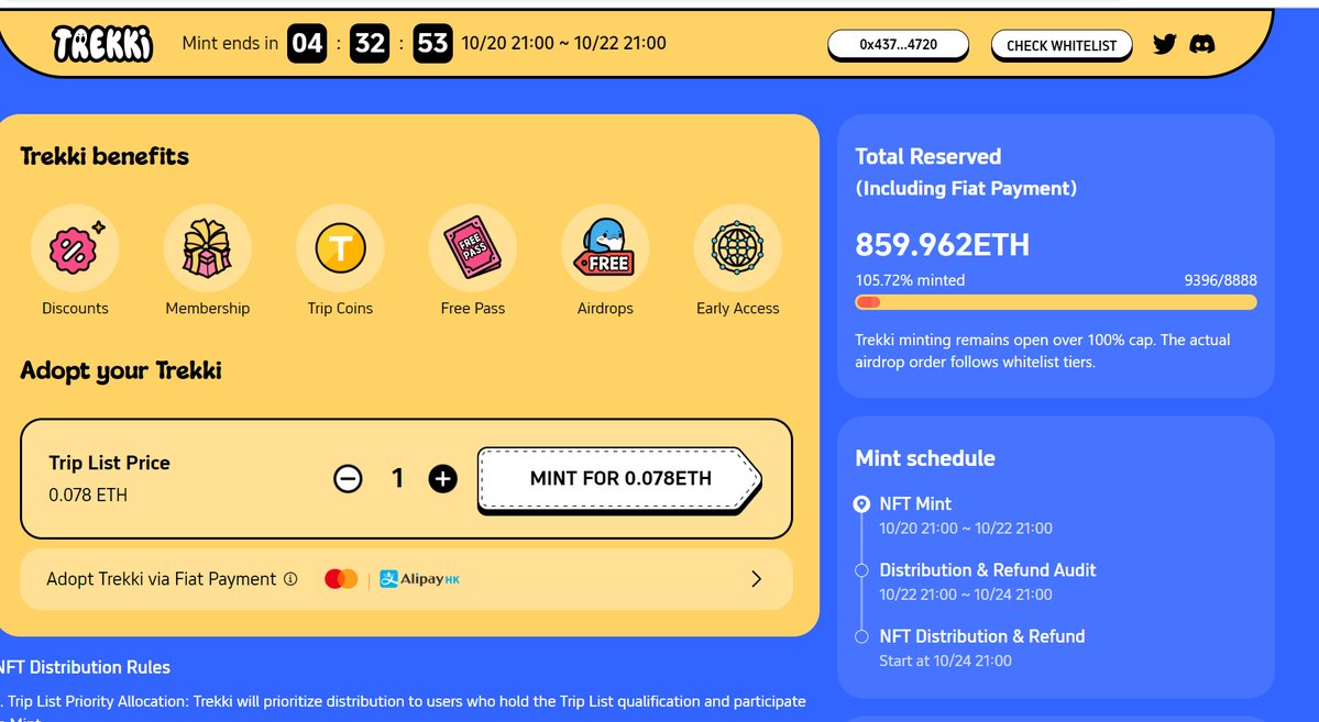 超大型 Trip Coins 奖励将赋予我们的 准Holder！价值$500, $1,000, $1,500美金 的Trip.com大放送！！  在哪里 Mint? trekki.io继续冲吧Trekki，我们的旅程正在壮大！
<a href="/TrekkiNFT/">Trekki NFT</a>