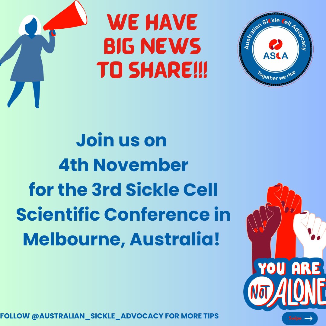 AuSickle's tweet image. ✨ Exciting News! ✨
Save the Date! 📅 
4th November for the 3RD Sickle Cell Scientific Conference in Melbourne, Australia, hosted by Australian Sickle Cell Advocacy Inc.!  
Don't miss this opportunity! 👶
 @healthgovau 
#SickleCellDisease
 #Australiansicklecell 
#TeamASCA
