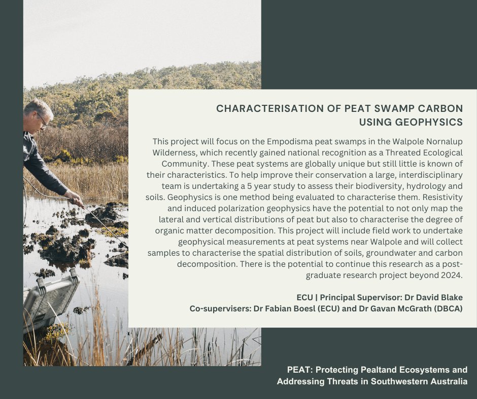10/11 The next project 'Characterisation of peat swamp carbon using geophysics' is also based @CPPP_ECU in collaboration with DBCA WA. A more detailed description can be found here: ecu.edu.au/centres/gradua…