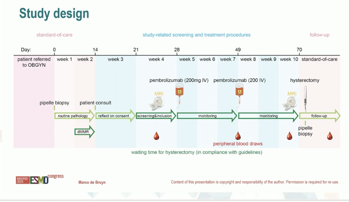 ShannonWestin's tweet image. 👀Neoadjuvant #ImmunoOnc in advanced MMRd #EndometrialCancer yields response rate of 37.5% and two pt w/ pathologic complete response after 2 cycles of therapy - very intriguing!  
🧐Small study - n=10 - will be interesting to see further data in this space
#ESMO2023 #gyncsm