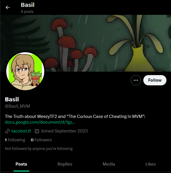 Admitmistake's tweet photo. WeezyTF2 impersonates "Basil" from his video: "The Curious Case of Cheating in MvM" once again but this time on Twitter, the google document on the account is fake, the profile is marked as https://t.co/BYjLgeiViQ which is incorrect, since the user is not a tacobot member (1/2) https://t.co/XJjif3sY42