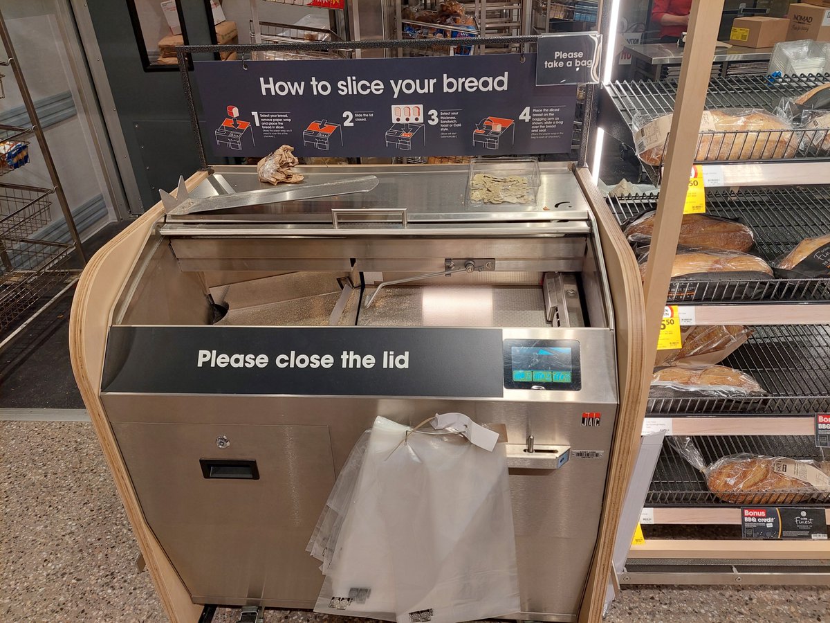 HowardFMaclean's tweet photo. This Coles is the national flagship concept store - a test bed for innovations and design features to be rolled out for future Coles, and that means that it gets the cutting edge features, like this bread slicing machine. https://t.co/k258mbcjKu