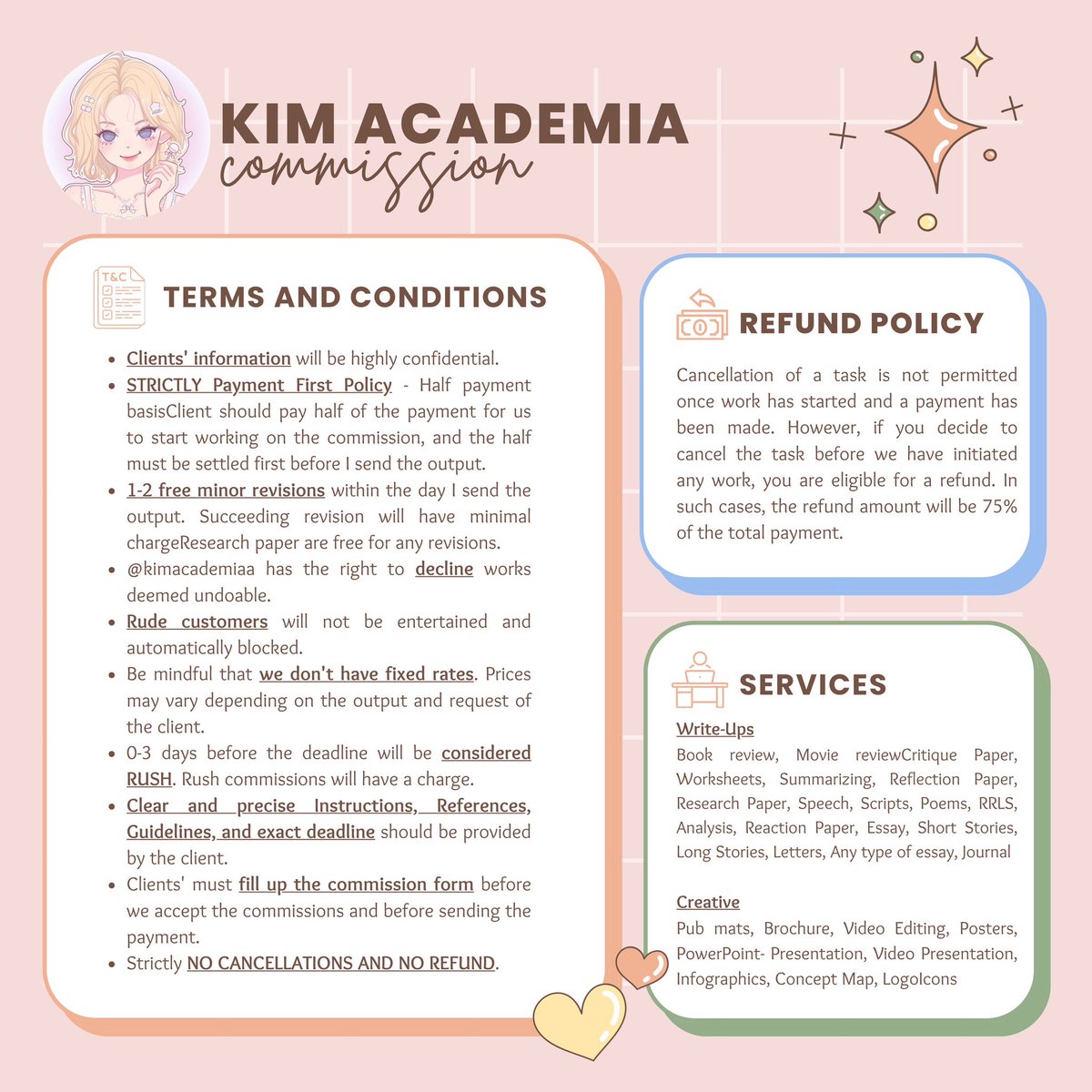kimacademiaa's tweet photo. Step aboard with Kim Academia, where we set sail on a collective journey of knowledge and growth.

Refer to our commission sheet for a detailed overview of our services, including terms and about us.

— Feedback: #kimacademiaaPROOFS
— Updates: #kimacademiaaUPDATES https://t.co/FZYHAKRmbA