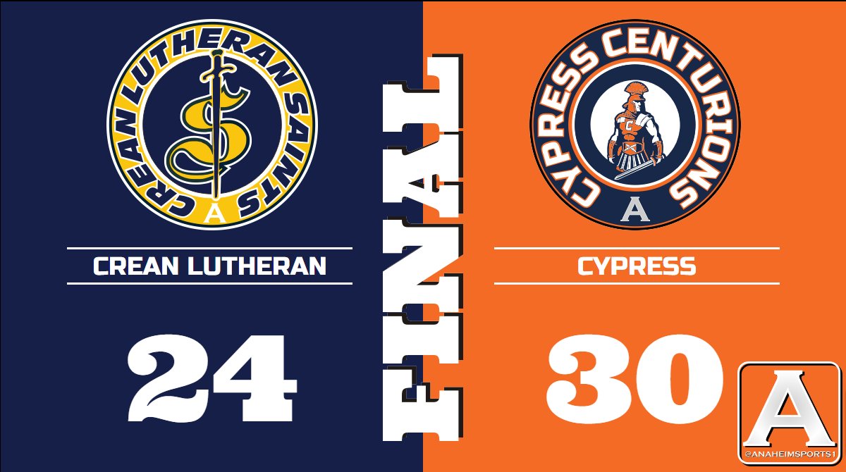 AnaheimSports1's tweet photo. Crean Lutheran 24 - Cypress 30 - Final 🏈✅
@CLSHS @creanlutheranhs @CypressHSFB @CypHS_Athletics @OCvarsity #ocvupdates @Tiller_Football https://t.co/kZqhsVeLi1
