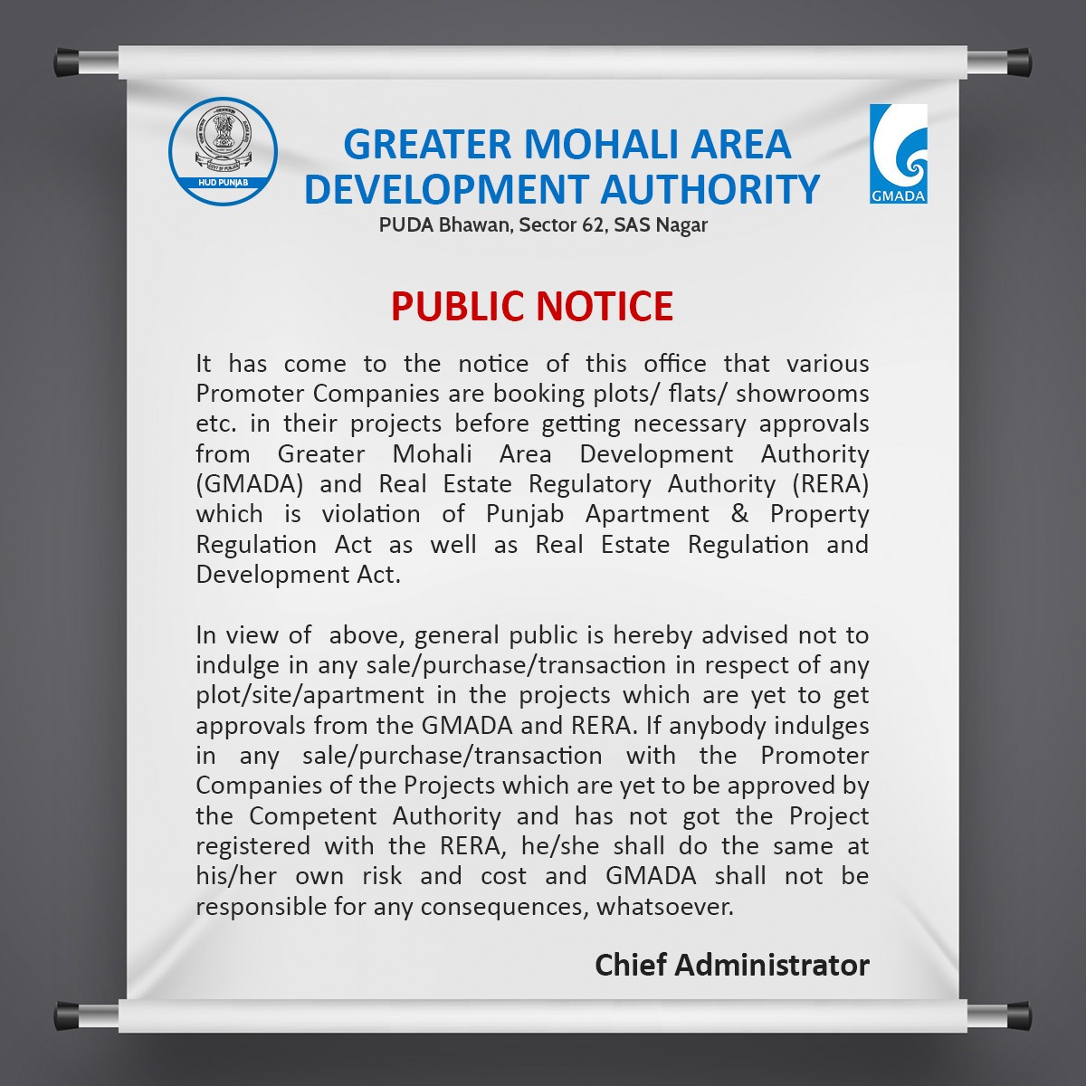 GMADA cautions general public against buying property in unapproved projects.
 
 #GMADAAlert #RERAUpdate #RealEstateNotice #PropertyRegulation #ApprovalAlert #PublicAdvisory #LegalGuidelines #PropertyTransactions #BuyersBeware #RealEstateCaution #ProjectApprovals