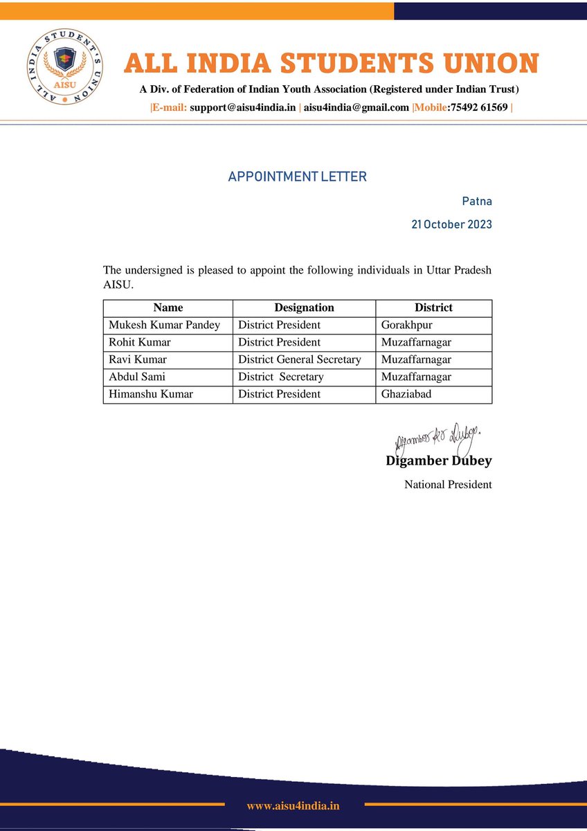 The national president of AISU has appointed the following individuals in Uttar Pradesh AISU #JoinAISU #aisu4india