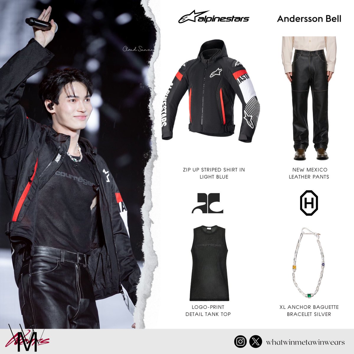 whatwinwears_'s tweet photo. ✨ Win Metawin wears
🧥 Alpinestars ZACA AIR JACKET
👕 Courreges tank top
👖 Andersson Bell New Mexico Leather Pants
HATTON LABS Anchor Baguette Bracelet
📷 CloudSunandSky
#OCTOPOP2023 #หมึกเดือนสิบ #zaca #anderssonbell #courreges #hattonlabs #winmetawin #whatwinmetawinwears https://t.co/G5YWuHrAR4