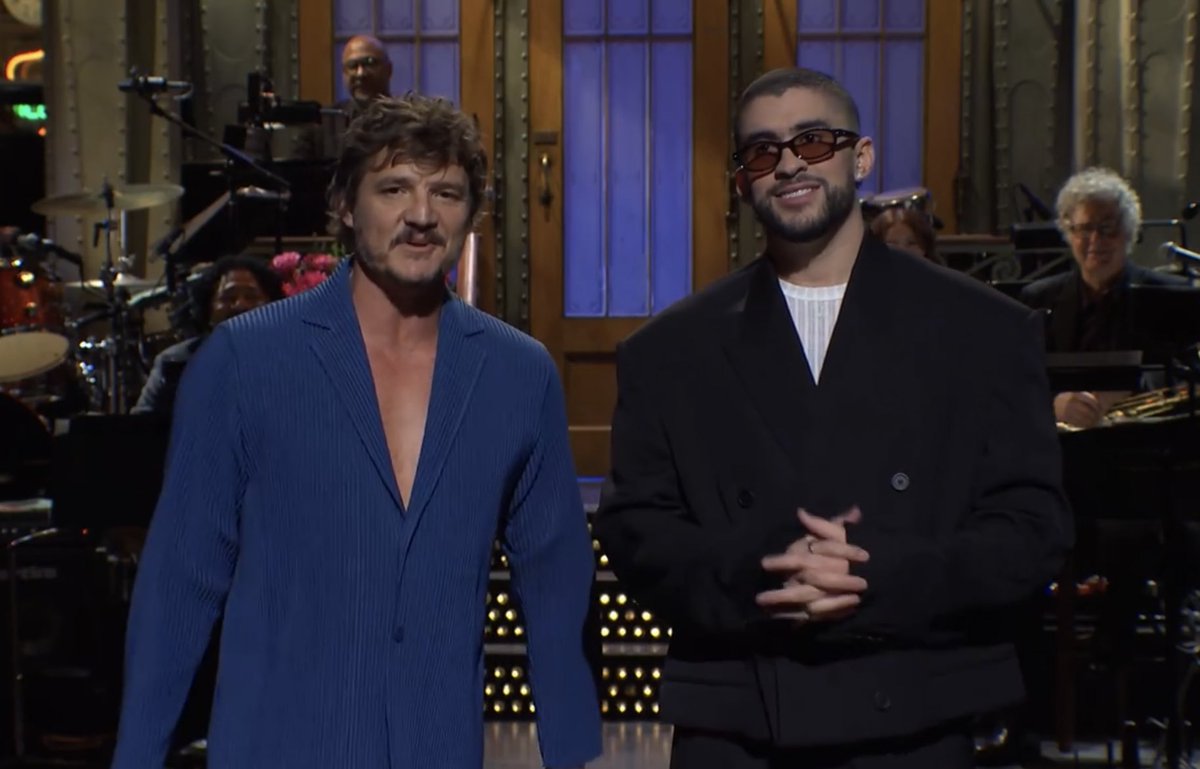 thepedrolorian's tweet photo. the duo the world so desperately needed. bad bunny ft pedro pascal on snl 💕 https://t.co/k2xtOqSUvD