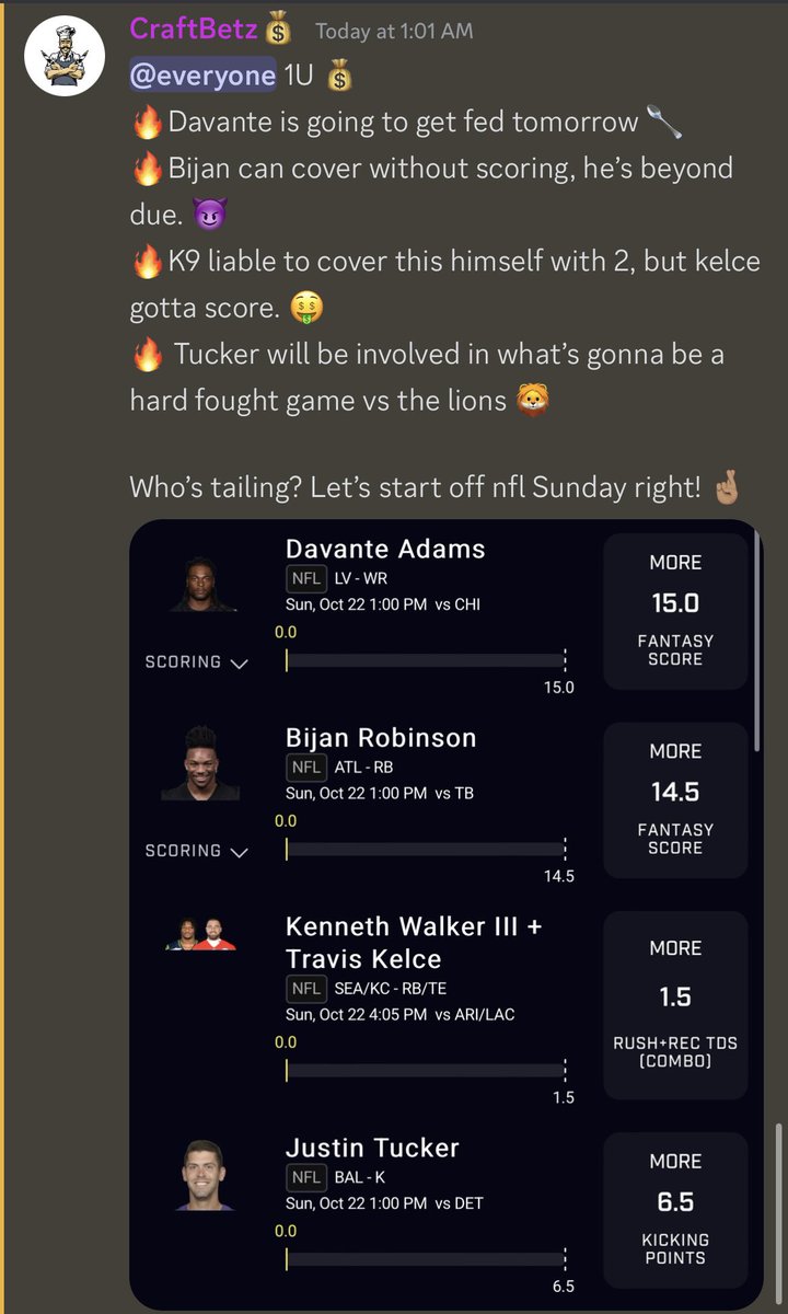 CraftBets's tweet photo. 😎 🔥 LETS DO WHAT WE DO! NFL SUNDAY IS HERE! 🔥 😎

✅🥄 LIKE/COMMENT/RT IF YOU TAILING  🥄✅

 #prizepicks #nfl    #gamblingx #gamblingtwitter #Props #CFBPicks #CollegeFootball #CollegeGameDay #NFL #PrizePicksNFL #10x 💰 https://t.co/9IclZkRDYi