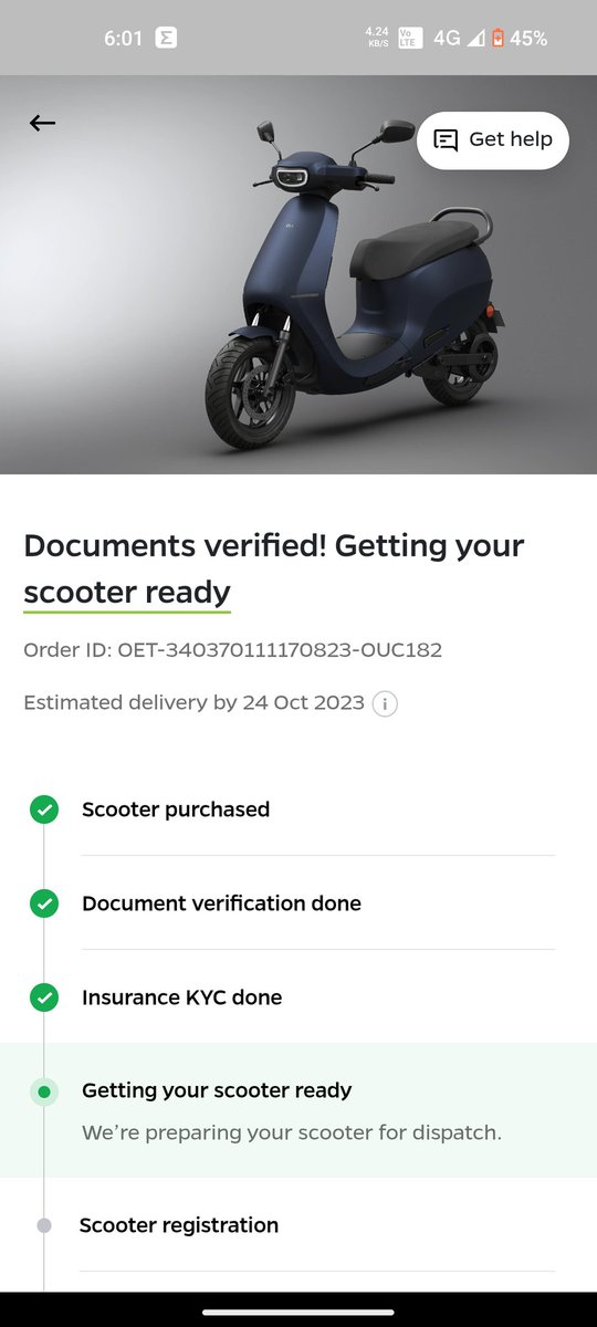 AnishVaidya12's tweet photo. @OlaElectric @bhash @OlaScooter @OlaEV_parody I booked my Ola S1 Pro Gen 2 scooter and made the full payment on 19th August 2023. My order ID is OET-340370111170823-OUC182. The estimated delivery date is 24th October, but it has not been dispatched yet. https://t.co/9RNOAs35Jx