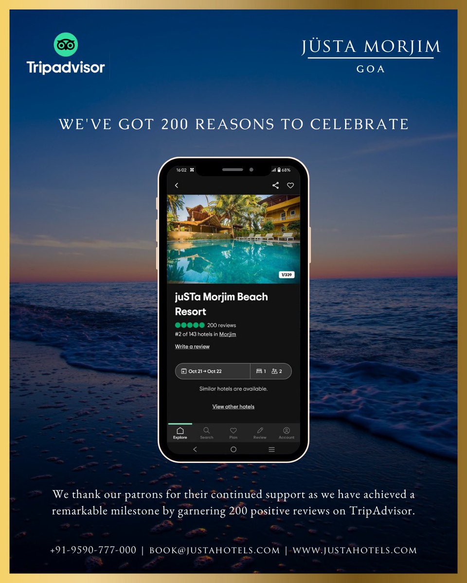 Justahotel's tweet image. From Happy Guests to Glowing Testimonials: jüSTa Morjim Beach Resort, Goa Achieves 200 Positive Reviews on Trip Advisor.

Call or WhatsApp: +91-9590-777-000 

#tripadvisor #happyguests #morjimbeach #hotelsingoa #staycations #food #goadiaries #justahotels #morjim #beachvacations