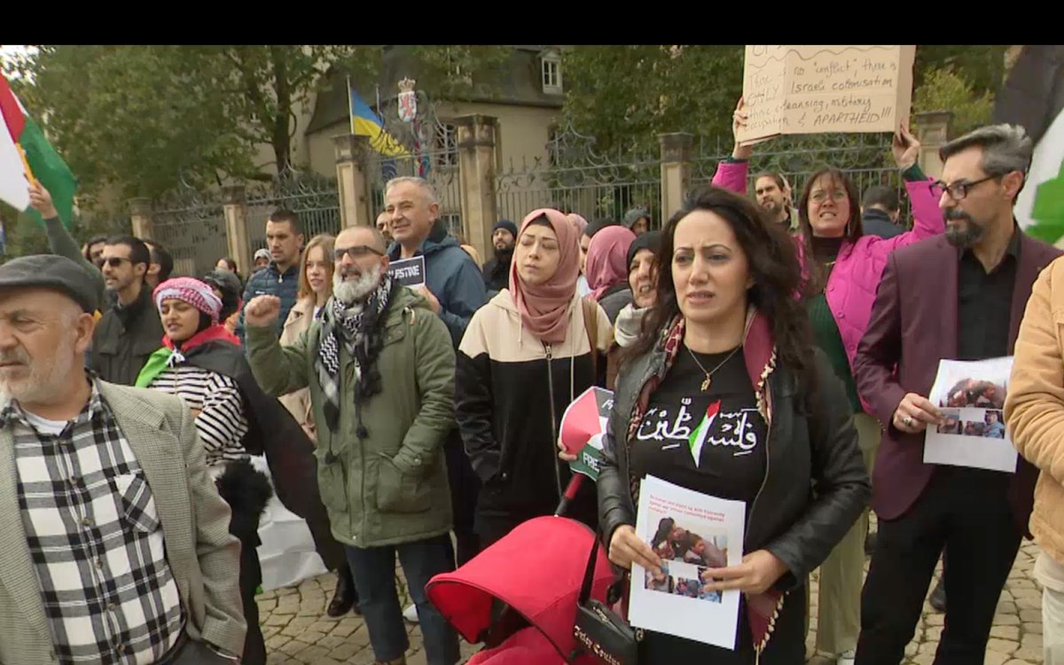 Existenzrecht fun Israel geschter ob CPJPO-Demo a Fro gestallt  Ob deem T-Shirt deen d'Manifestantin am Virdergrond dréit gesait een eng Landkaart ob deer den aktuellen Territoire fum Staat Israel verschwonnen ass  wei dat zb d'antisemitesch Hamas  an hirer Charta fuedert.