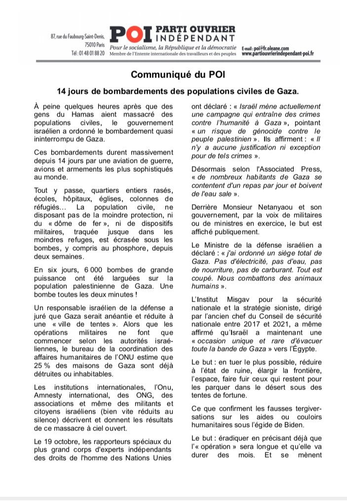 POI_officiel's tweet photo. 🔴 Communiqué du @POI_officiel 

14 jours de bombardements des populations civiles de Gaza https://t.co/KOYX6h9FWz