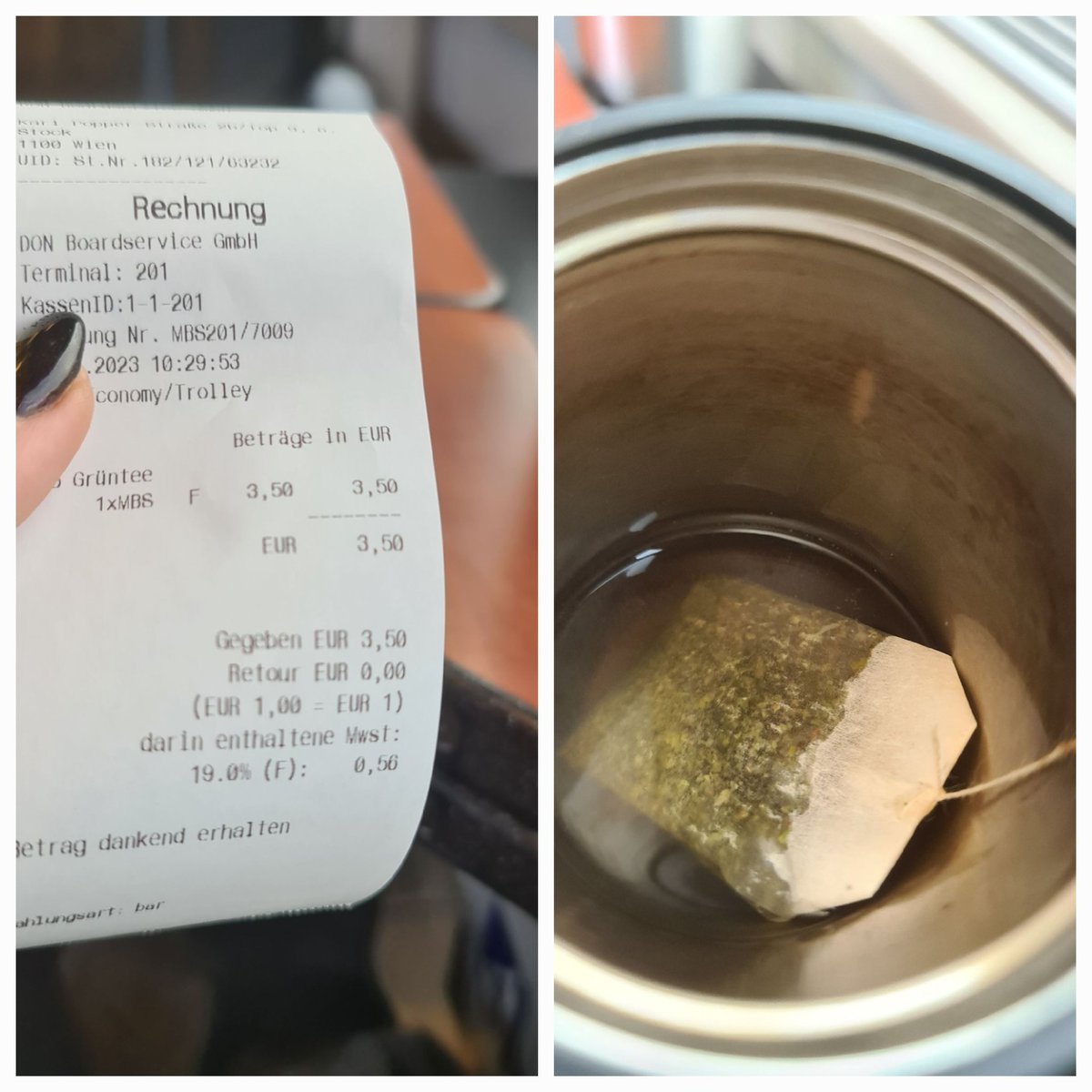 3,5 Eur for a #greentea is kinda a lot already 😳 but...

...when the Stewart tells you that he can't give you 100ml more hot water to fill the mug you brought because <a href="/unsereOEBB/">ÖBB</a> counts the water??? Wow, that's even more hard core🤯 

#greentravel #CustomerServiceFail