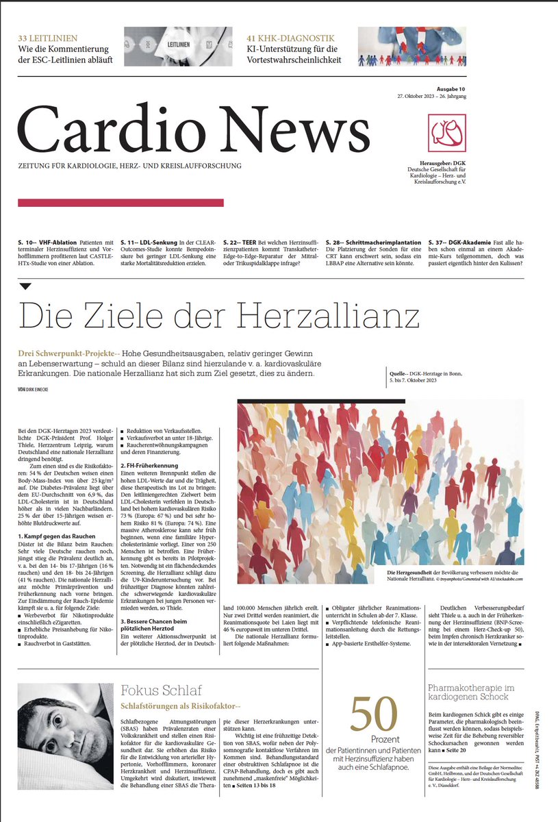 Oct 27 2023
Next #CardioNews
Focus #sleep and #sleepdisorders for #cardiovascular health, discussions of game-changing trials in #EP, #valves, #HF, lipids, #LAA and much more. Strong @YoungDgk part.
Thanks to #MeinradGawaz, @DGK_org, @SpringerMedizin and all authors for hard work