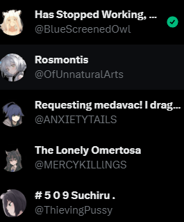 BlueScreenedOwl's tweet photo. @SlayerOfCrowns + 3 currently active Hololive ones, + i think 7 other Ark ones that are mostly inactive . https://t.co/rQS2iUTQmX
