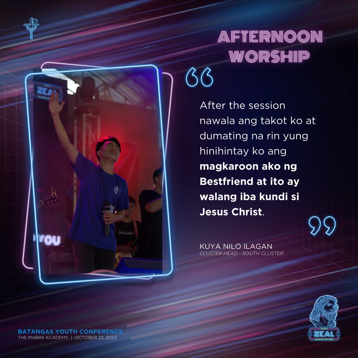 cfcyfcbatangas's tweet photo. Kuya Nilo Ilagan, Cluster Head of South recounted his personal journey of faith and transformation at his first conference. 

𝐙𝐞𝐚𝐥: 𝐃𝐞𝐜𝐥𝐚𝐫𝐞 𝐇𝐢𝐬 𝐋𝐨𝐯𝐞 𝐚𝐧𝐝 𝐌𝐞𝐫𝐜𝐲

#ZEAL2023
#YFCBARAKO
#BaYCon2023
#MARKedbyfaith https://t.co/VAz4Mm2CUK