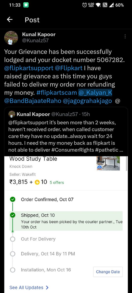 Kunalz57's tweet photo. Your Grievance has been successfully lodged and your docket number 506728 https://t.co/4AHgDRVNNj
