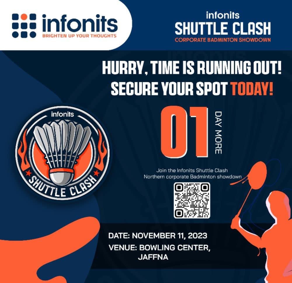 infonitsIO's tweet photo. 🏸 Only 1 Day Left! Join the Infonits Shuttle Clash Badminton Showdown, a thrilling event in the Northern Province. Registration closes in 1 day. Don't miss the chance to compete, showcase your skills, and enjoy exciting matches. 📋 Register now at https://t.co/IReeTeBFLk https://t.co/QtwpW0XnWP