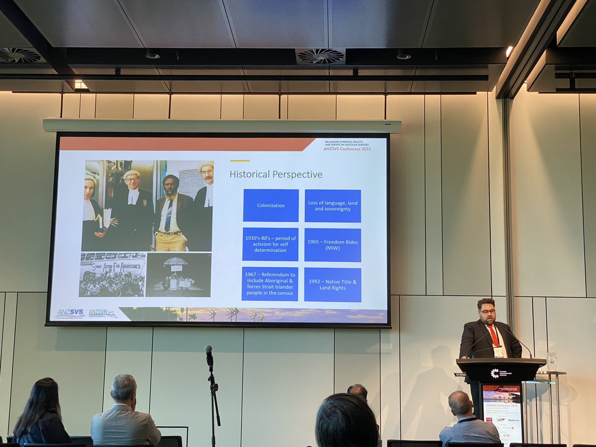 ozvascdoc's tweet photo. At #ANZSVS23’s #Equity Session Dr @JCainBlox outlines the history of First Nations recognition in Australia &amp; its impact on healthcare.  Over-represented in healthcare morbidity statistics, it would be even worse if they had a life-expectancy matching non-indigenous Australians. https://t.co/nY9UMngUUA