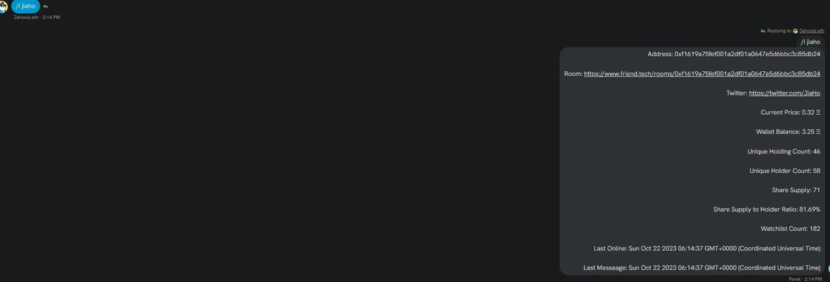 Imagine being able to see stats of a user with /i [twitter tag]

Fully automated!

Find me at :
friend.tech/pevalcrypto