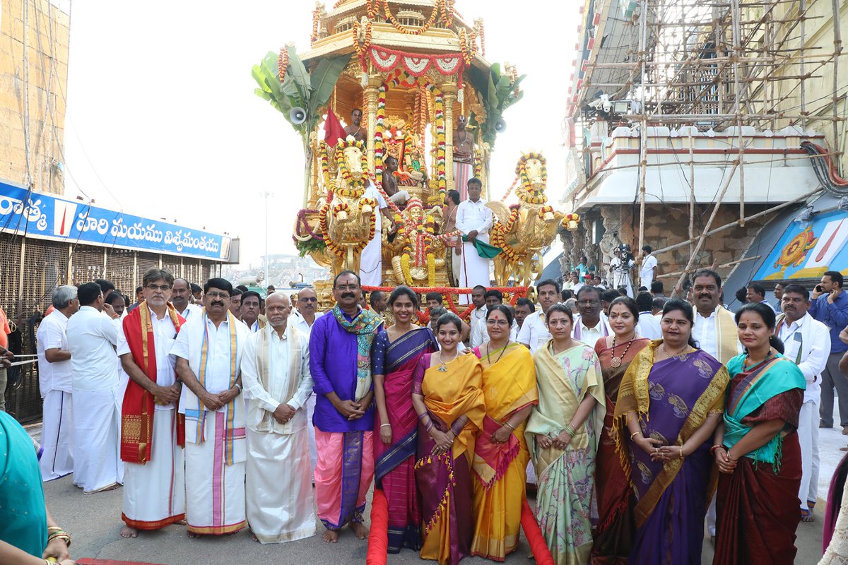 The procession of the Golden chariot was held with the utmost religious fervor on the penultimate day of the ongoing Navaratri Brahmotsavam in Tirumala today.