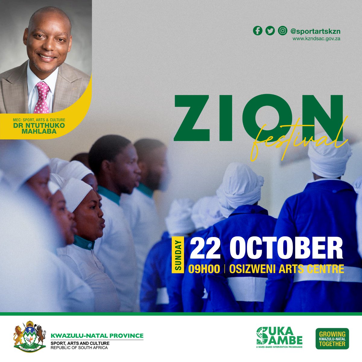 SportArtsKZN's tweet photo. Join us today as @sportartskzn  presents Sukasambe Music &amp; Dance Zion Festival in Osizweni Newcastle. Isukile bambelela nawe, Sukasambe leaving no one behind!!! #Sukasambe #ActiveandwinningKZN #socialcohesion https://t.co/0seAjaqfxH