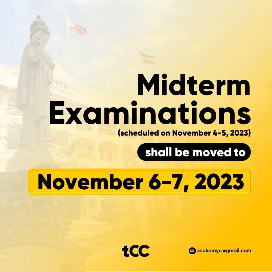 csukomyu's tweet photo. ICYMI | Cagayan State University midterm examinations, initially scheduled for November 4-5, 2023, will be administered on November 6–7, 2023, according to Vice President for Academic Affairs Mariden V. Cauilan.
-
#YourReliableSource https://t.co/wIq0oX3Zsd