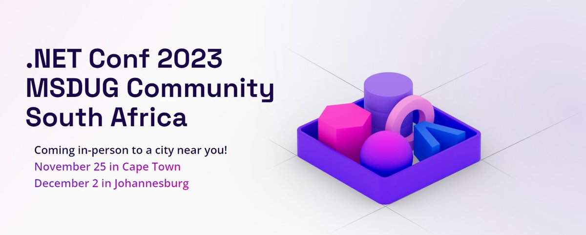 jhbmsdug's tweet photo. On 25 Nov (Cape Town)  + 2 Dec (Johannesburg) we will be in-person with a local community #dotnetconf.
We run local community versions of .NET Conf every year in SA.
This year we want to hear from you!  CFS open for a limited time only!  https://t.co/w7AAnwG1xd #dotnetconfsa https://t.co/mTWLbmIxTg