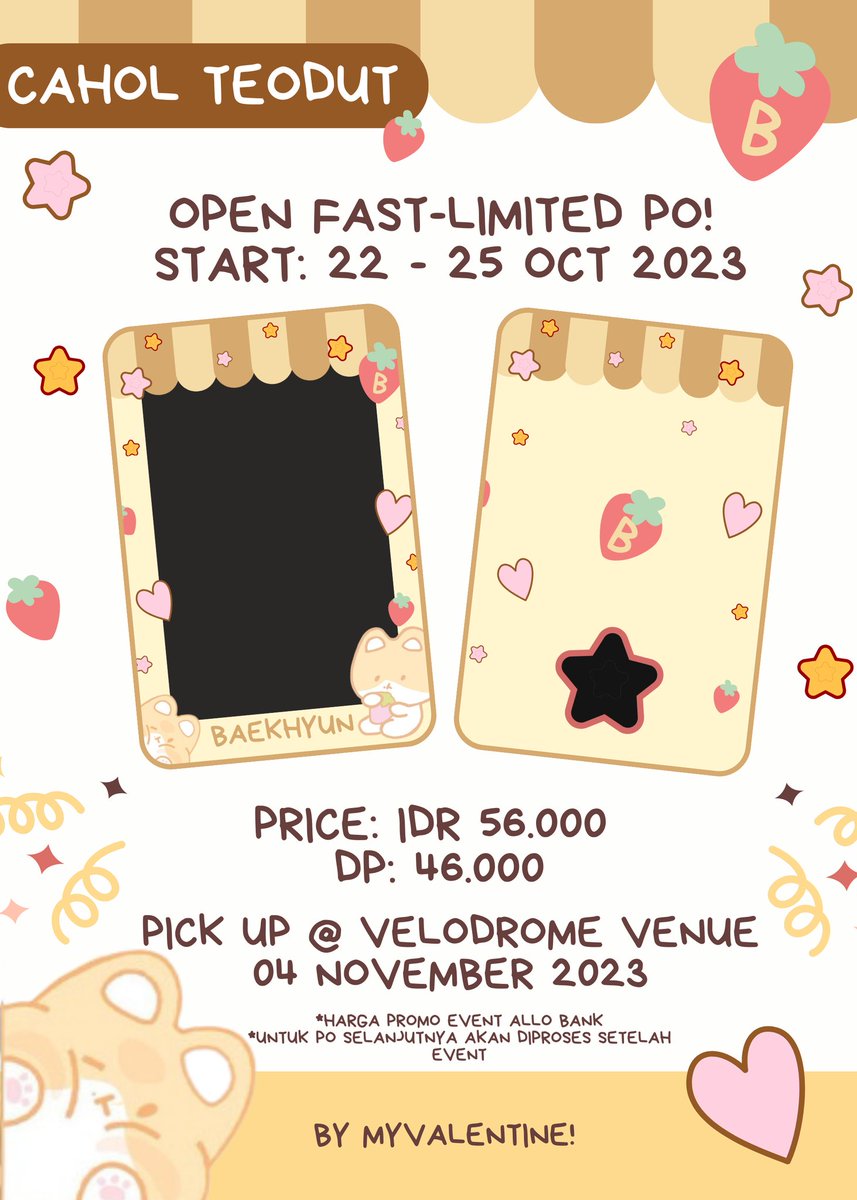 myvalentine61's tweet photo. OPEN PO CAHOL "Teodut"

⚠️ Limited Fast PO (22-25 Oct 2023)
🏷 Price: IDR 56.000 (dp IDR 46.000)
📦 Pick up Venue, 
Velodrome - 04 November 2023

Details:
🍓Material Acrylic, 7x10cm with Ballchain

📥 Form: https://t.co/5shs0F7mDJ

(*) tags. cahol bbh cahol teolaegi bbh baekhyun https://t.co/xwP0dndVDz