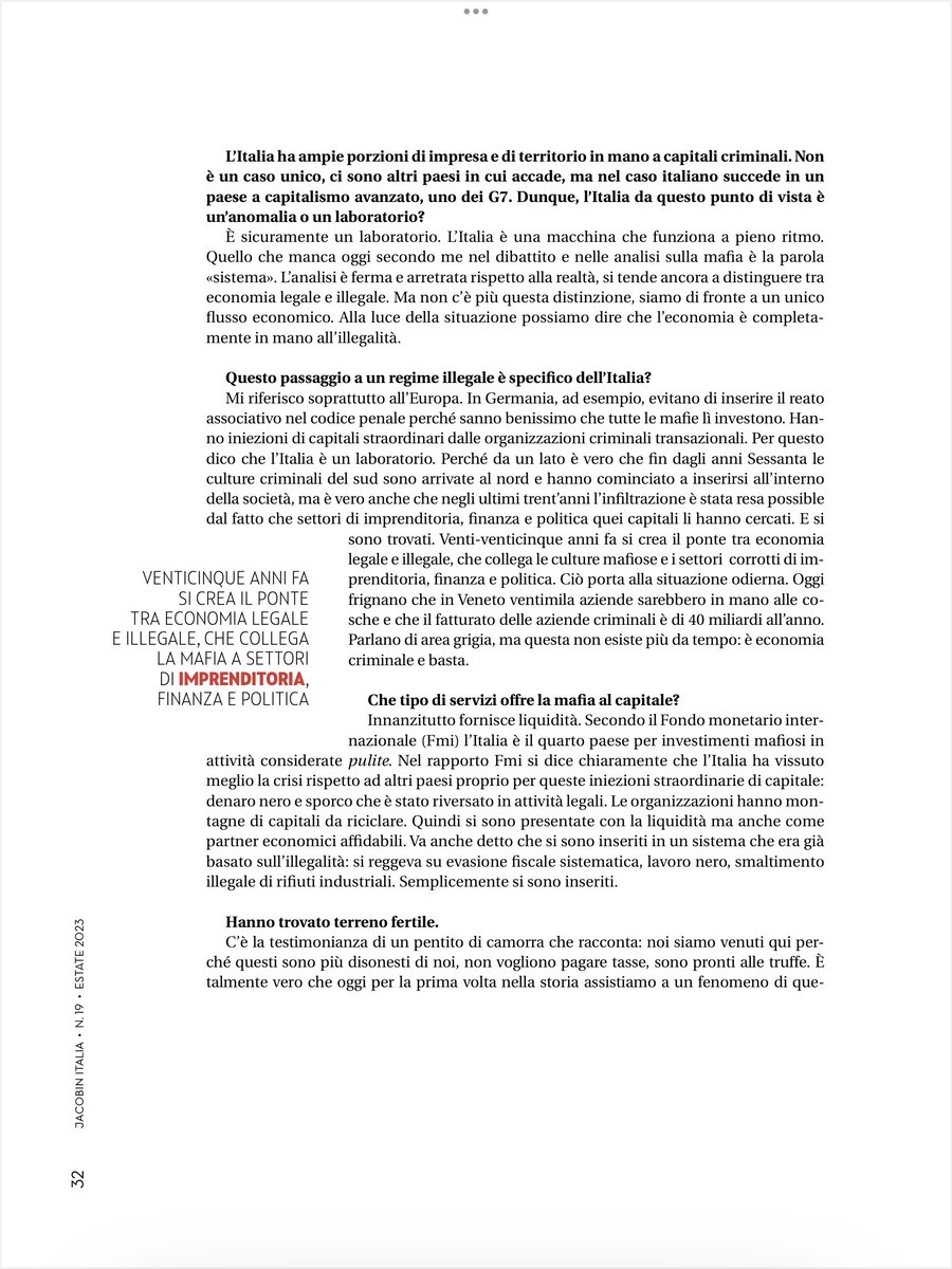 Una bella intervista di @mcarlotto56 rilasciata mesi fa a #Jacobin sulla situazione odierna della #criminalitàorganizzata in Italia. Ci sono tanti spunti di riflessione che condividiamo come l’arretratezza del dibattito a #sinistra sul tema #mafie. 1/3