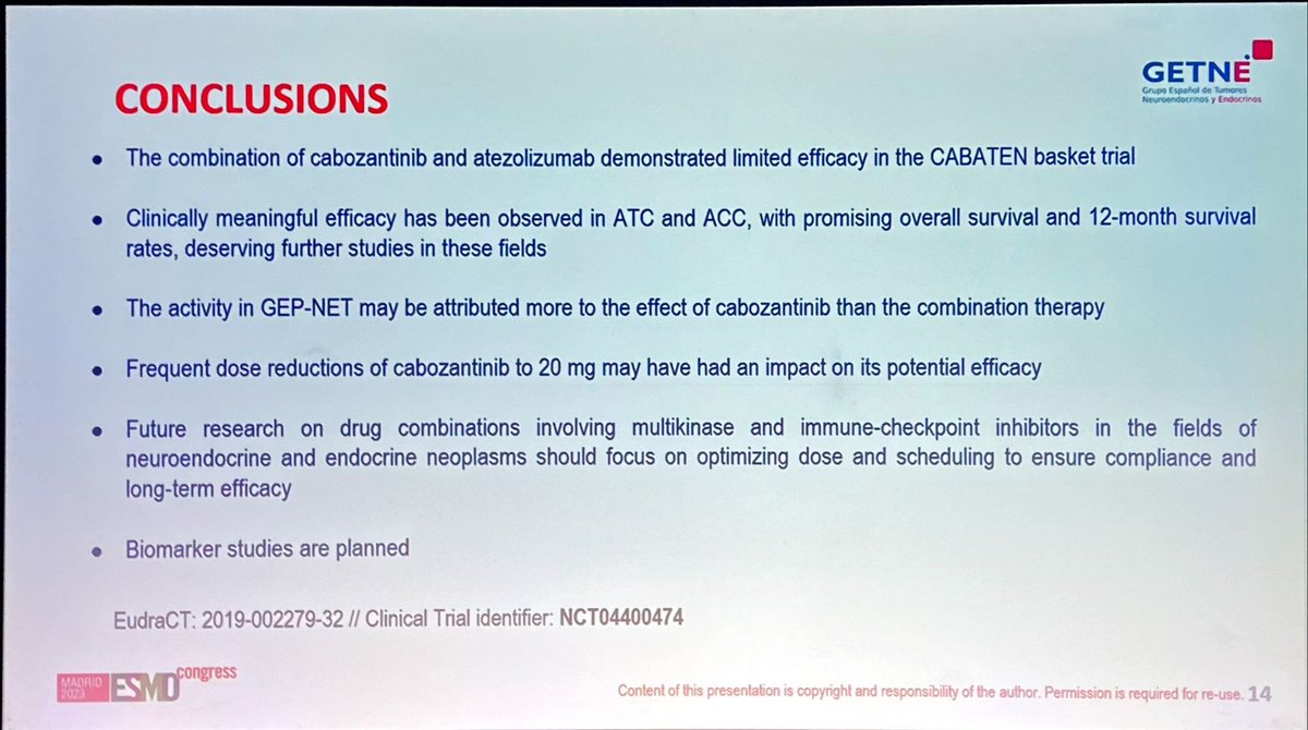 DrAngelaLamarca's tweet photo. Studies exploring #Cabozantinib in #NET
1/2 — CABATEN (cabozantinib+atezolizumab) by @GrupoGetne @Ja_Capdevila
Phase II, multiple cohort
ATC and ACC promising
GEP-NET may not require the atezolizumab 🤔 (CABINET trial)
No responses in Lung/G3-NEC
@myESMO https://t.co/on7hkiwbkT