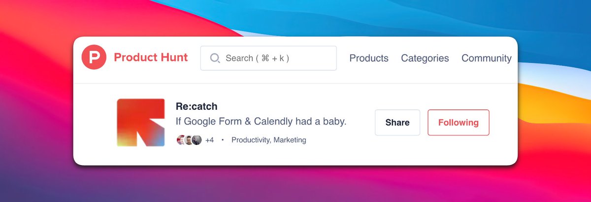 brianshinsh's tweet photo. @recatchHQ is coming soon on @ProductHunt!

Ever imagined if Google Form and Calendly had a baby?

https://t.co/EaOUXGfkKO https://t.co/qE3REAZChe