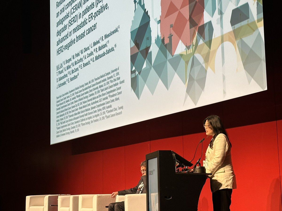 Sara Tolaney (@stolaney1) on Twitter photo Beautiful presentation by <a href="/nlinmd/">Nancy Lin, MD</a> on OP-1250 (palezestrant) in HR+ mBC
RP2D
42% >= 3L prior tx
CBR 40%
PFS 4.6 mo (5.6mo ESR1m)
<a href="/OncoAlert/">OncoAlert</a> <a href="/DFCI_BreastOnc/">Dana-Farber’s Breast Oncology Center</a> #ESMO23 Beautiful presentation by <a href="/nlinmd/">Nancy Lin, MD</a> on OP-1250 (palezestrant) in HR+ mBC
RP2D
42% >= 3L prior tx
CBR 40%
PFS 4.6 mo (5.6mo ESR1m)
<a href="/OncoAlert/">OncoAlert</a> <a href="/DFCI_BreastOnc/">Dana-Farber’s Breast Oncology Center</a> #ESMO23